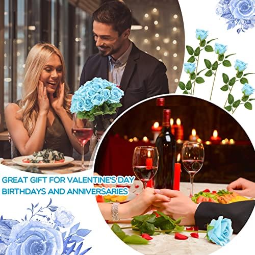 Jexine 100 Pcs Artificial Roses Flowers Bulk, Light Blue