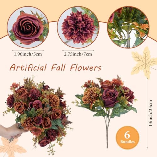 GTIDEA 6 Pcs Artificial Fall Flowers Silk Fall Bouquet Fake Rose Orange