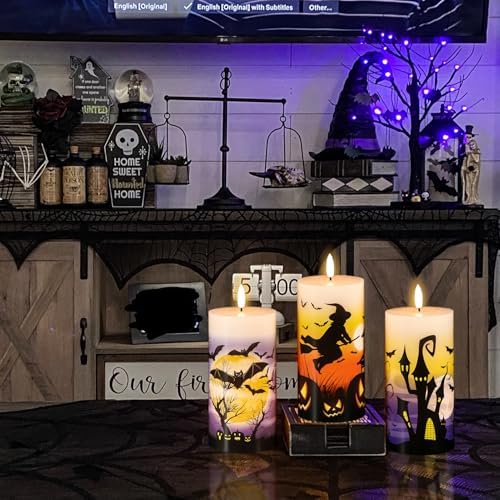 Halloween Flameless Pillar Candles Battery Operated Remote Timer