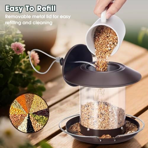 Bird Feeders for Outdoors, Hanging Small Metal Roof Bird Feeder with Clear Tube Seed Capacity for Viewing Cardinal Finch, Wild Birdfeeders for Outside Garden Yard Decoration (2lb:Brown)