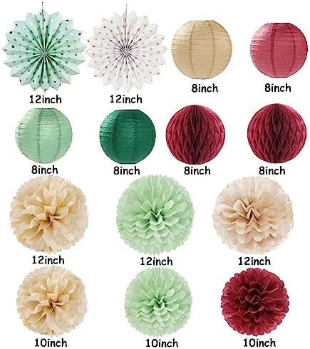 Sage-Olive Green Burgundy Champagne-Gold Party-Decorations - 14pcs Birthday Boho Paper Lanterns Fan Streamers,Tissue Pom Poms, Christmas Baby Bridal Shower Wedding Engagement Decor Lasting Surprise