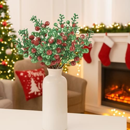 Geosar 36 Pcs Christmas Glittered Berries Stems, Red, Green