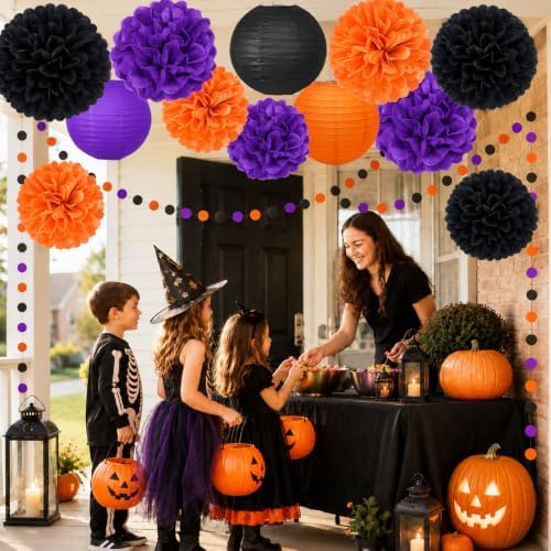 14 Pcs Halloween Party Decorations, Black Purple Orange Pom Poms, Lanterns