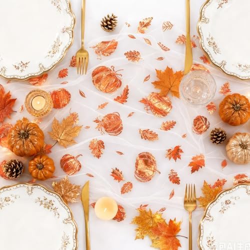 Fall Gauze Table Runner Glitter Pumpkins Maple Leaves Autumn Decor 120 Inch