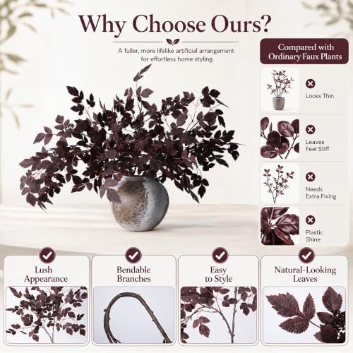 HyeFlora Artificial Cimicifuga Plant Leaf Spray Stems 4PCS Fake Greenery Branches 28.7 in Faux Leaves Real Touch Silk Plants DIY Stem for Vase Festival Home Kitchen Garden Farmhouse Decor (Burgundy)