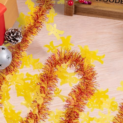33FT Christmas Tinsel Garland, Red Yellow Metallic Twisted Tinsel Garland with Gingerbread Man Ornaments Shiny Xmas Hanging Decoration for Christmas Tree Wedding Birthday Home Party Supply