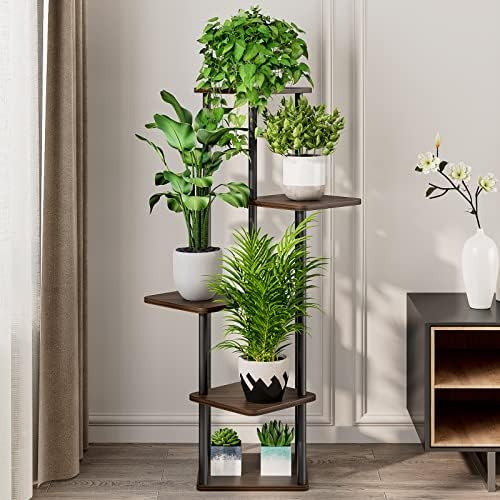 AZERPIAN 5 Tier Tall Plant Stand Indoor Corner Tiered Shelf Metal MDF Board