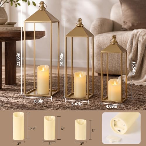 3 Pcs Large Gold Decorative Lanterns with Candles, Metal Candle Lantern