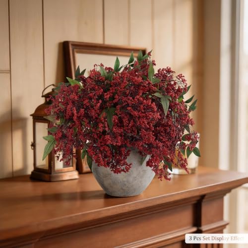 1 Pcs Artificial Berry Stem 36" Realistic Flowers Picks Branches Faux Stem Spray DIY for Holiday Seasonal Farmhouse Mantel DIY Home Decorations (Burgundy)