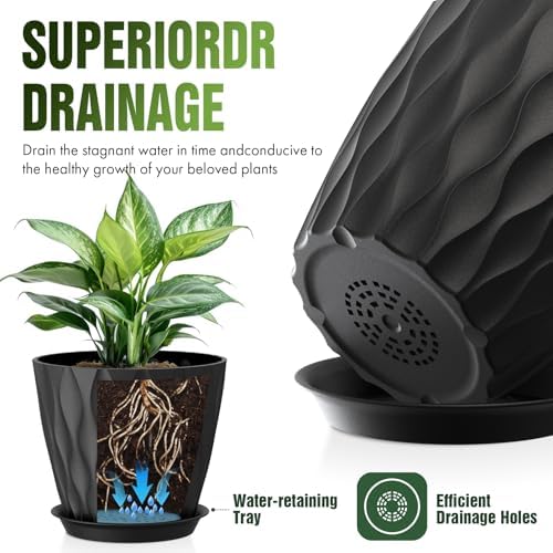 8 Inch Plant Pots 2 Pack, Plastic Pots Drainage Holes & Saucers