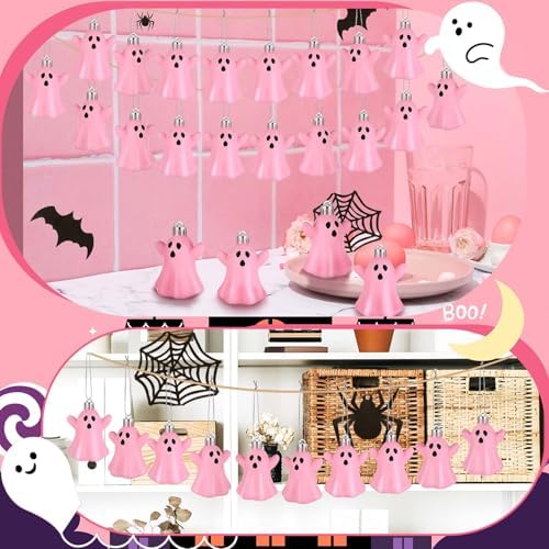 Lunmon 24 Pcs Halloween Cute Ghost Hanging Ornaments 2.2 Inches Rope Tree