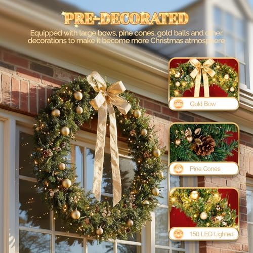 VINGLI 48 Inch Prelit Christmas Wreath Front Door Decor Plug in LED