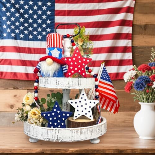 4th of July Table Decorations 3 PCS, Fourth of July Red White Blue Wooden Star Decor Centerpiece for Indoor Home, 250th Anniversary Memorial Day Patriotic Gift Sign for Mantel Office Tiered Tray Party