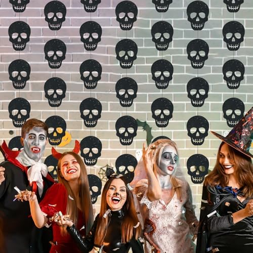 Xinnun 8 Pcs Halloween Gothic Birthday Decorations Black Skull Banners