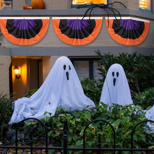 VitalCozy 6 Pcs Halloween Flag Buntings for Outside 3 x 1.5 Feet Orange Black Purple Pleated Fan Flags Halloween Half Fan Flag Banners for Indoor Outdoor House Holiday Parade Party Decor