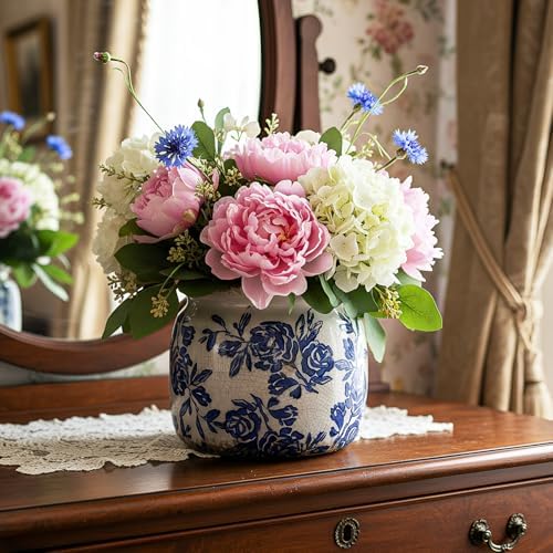 5.9'' Vintage Ceramic Planter, Ice Crack Glaze Blue Rose