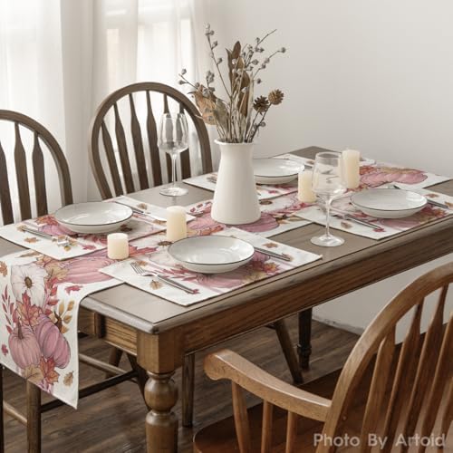 Artoid Mode Pink Pumpkin Maple Leaf Fall Placemats Set of 4-12 x 18 Inch