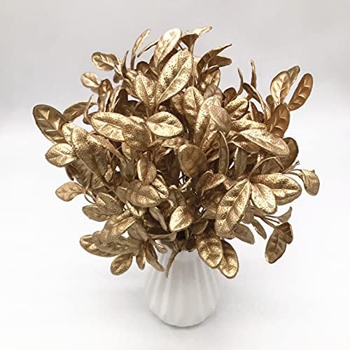 PASYOU Golden Fake Plants, Artificial Leaves Decoration for Christmas Flowers Grass Plastic Faux DIY Crafts Indoor Outdoor Home Garden Party Room Bedroom Wedding Table Centerpiece Decor, Gold 4 Pack