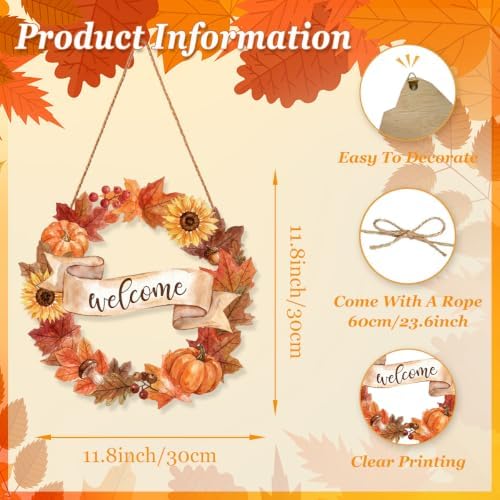 Fall Welcome Wreath Sign Wooden Maple leaves Pumpkins for Front Door