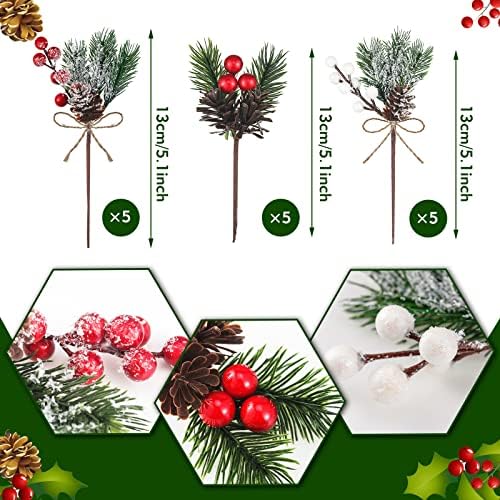 Yunlly 60 Pcs Christmas Pine Picks Holly Berry Pinecones,Elegant Style