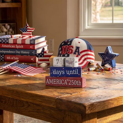 Smile Patriotic 250th Anniversary Countdown Calendar - Wooden Blocks Decor with Days Until Sign, 4th of July & Memorial Day Tiered Tray Decor, American Holiday Home Decor