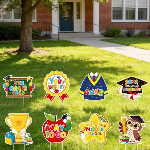 Rngmsi 5th Grade Graduation Yard Signs, 5th Grade Graduation Garden Yard Sign with Stakes, Congrats Fifth Graduation Outdoor Decor for Lawn Garden Grad Party Supplies (8PCS)