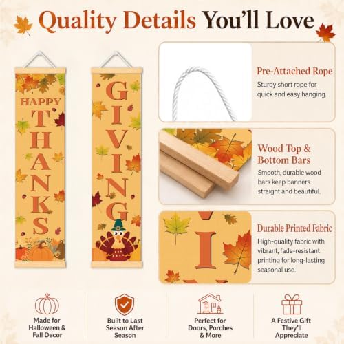 Happy Thanksgiving Door Banner Set of 2, Turkey Leaf Porch Decor for Home