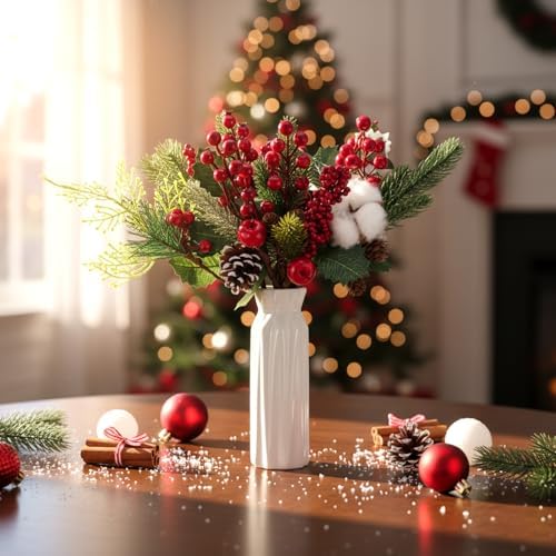 WILLBOND 24 Pcs Christmas Tree Picks Decorations Red Berry Pine Vase Picks Spray Berry Branches Poinsettia Holly Pine Flower Pick Berries Pinecones for Christmas Crafts Party Festive Home Decor
