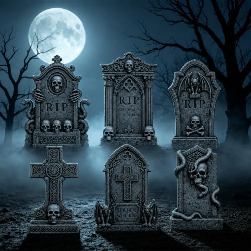 Graveyard Halloween Tombstones Decorations Outdoor: 6 Pcs Large Tombstone Halloween Yard Signs with Stakes, Realistic Scary Skeleton RIP Gravestones Lawn Cemetery Halloween Decor Front Lawn Garden Haunted House Props