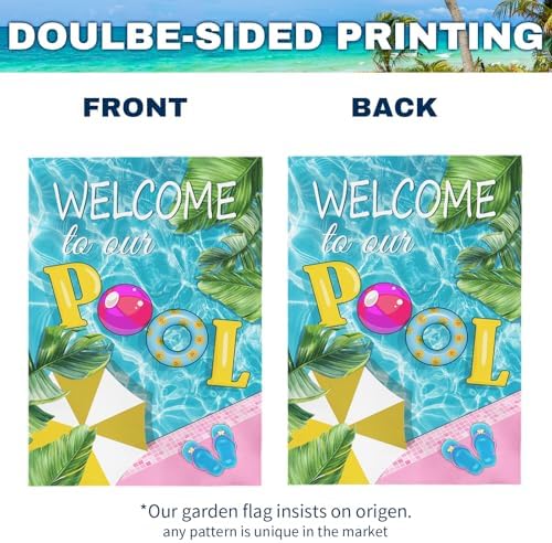 Welcome to Our Pool Garden Flag Vertical Double Sided Summer Swimming Pool Yard Flag Palm Leaf Parasol Garden Flags 12x18 Inch Holiday Party Seasonal Farmhouse Banner Outdoor Decor