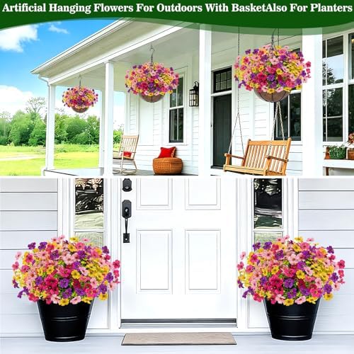2 Sets Artificial Hanging Plants Flowers Basket Outdoor, Fake Hanging Plants 24 Pcs Flowers for Porch Patio Garden Home Decor for Spring Summer (Red, Purple, Yellow, Rose Red)