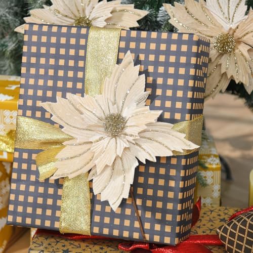 6 Pcs 12" Large Glitter Poinsettia Artificial Christmas Flowers with Stems Xmas Tree Wreath Ornaments New Year Home Wedding Party Decor (Champagne)