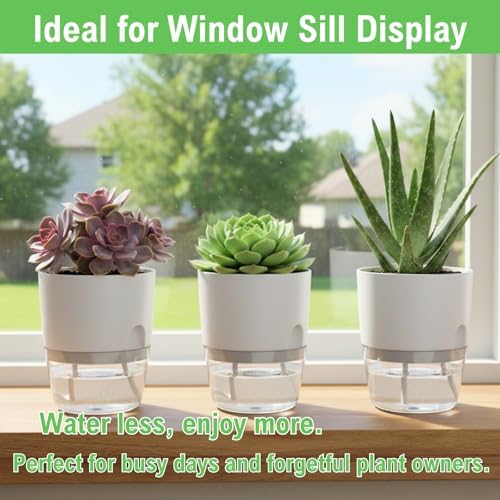 3.2 Inch Self Watering Planters 3 Pack Plastic Wicking Pots White