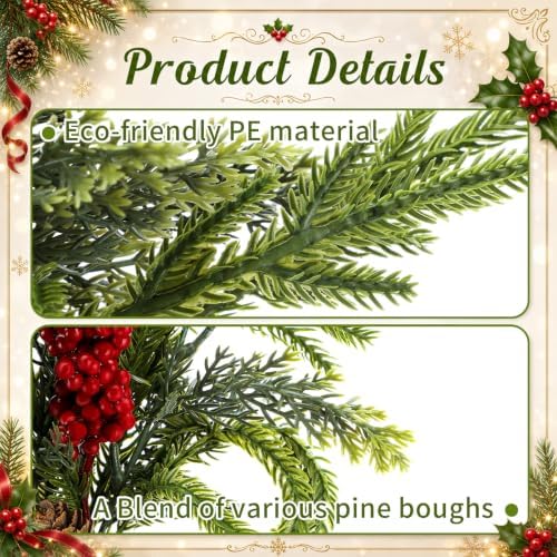6 Pcs Artificial Christmas Pine Branches with Red Berry and Pine Cones