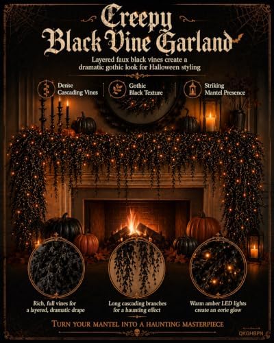 Halloween Garland with Lights, Creepy Black Vine Garland for Mantel Decor