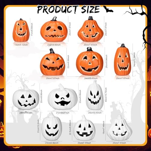 Tujoe 12 Pcs Halloween Pumpkin Lantern Set Light up LED,Orange and White