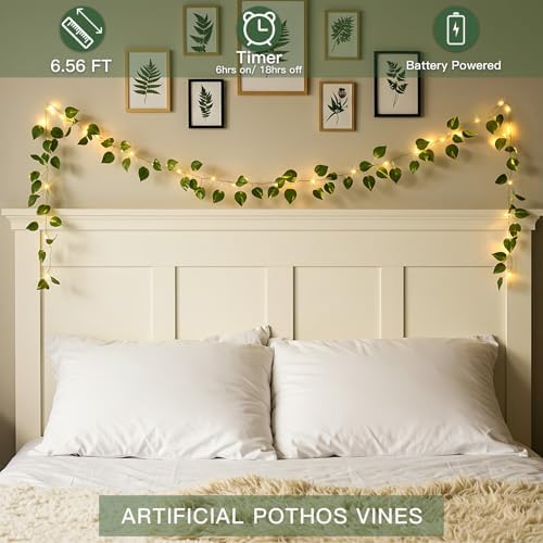 suddus Fake Vines with Lights Battery Operated, 20 LED 6.56FT Pothos Garland Fairy Lights with Timer, Leaf String Lights for Bedroom,Room,Window,Wall,Party,Garden,Wedding Indoor Decor (Warm White)