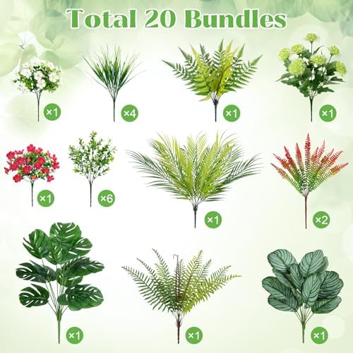 20 Pcs Artificial Plants Outdoor Fake Greenery Stems Plants
