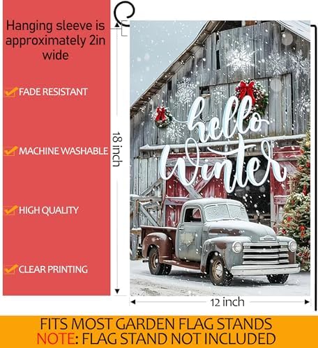 Hello Winter Truck Garden Flags 12x18 Vertical Double Sided Outside, Christmas Winter Yard Flag Outdoor Xmas Holiday Seasonal Decorations for Home