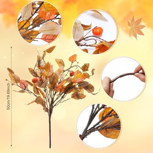 Daifunli 4 Pack Large Thanksgiving Leaves Stems Picks 19.6 Inch Fall Artificial Branches for Vase with Mixed Oak Leaves Pumpkin Berry Branches for Autumn Table Indoor Outdoor Decoration