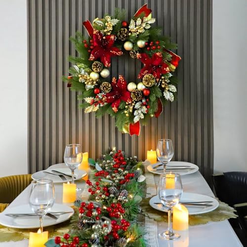 24" Christmas Wreaths for Front Door with Lights & Poinsettia Flowers