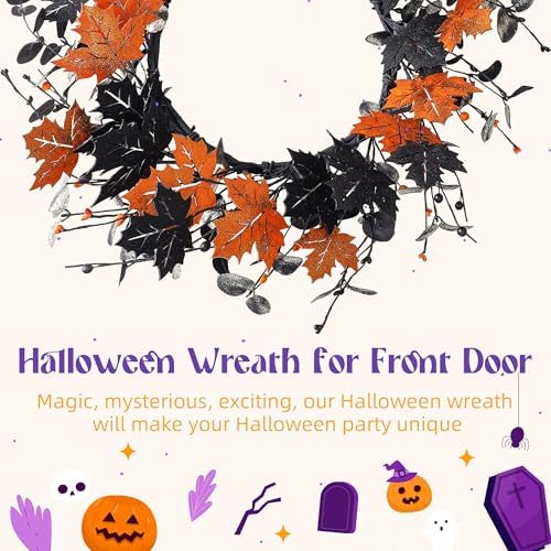 YNYLCHMX 20" Halloween Wreath for Front Door, Golden and Black Maple Leaves