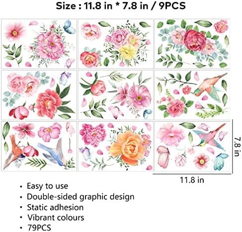 79 PCS Spring Window Clings,Spring Flower Window Clings for Glass Windows,Double-Sided Birds Floral Butterfly Window Stickers for Spring Decor (9 Sheets)