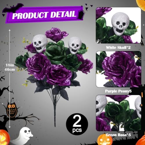 2 Pcs Purple Halloween Flowers Artificial 18in Peony & Rose & Skull Bouquet