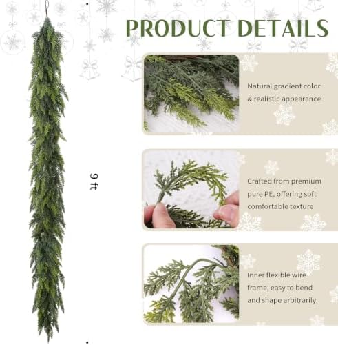 9 Ft Christmas Cedar Garland, Real Touch Soft Greenery Mantel Decor