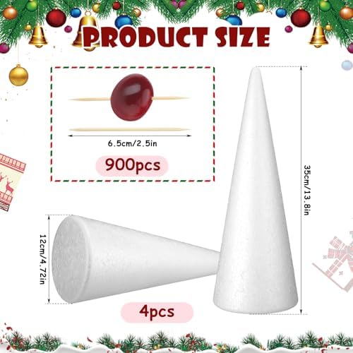 904 Pcs Christmas Large Foam Cones for Crafts Charcuterie Christmas Tree Sets with 4 Foam Xmas Tree Cones 900 Bamboo Toothpicks for Vegetables Fruit Snacks Holiday Party Dining Decoration