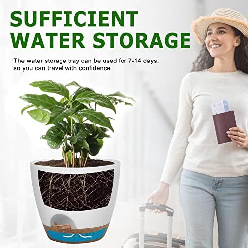QRRICA Plant Pots 10/9/8 Inch Self Watering Pots, Set of 3 Plastic Planters with Drainage Holes and Saucers,Plastic Flower Pots,Nursery Planting Pot for Indoor Out Door Plants（White）