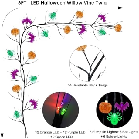 6FT Halloween Willow Vine Lights, 54 LED Bat Pumpkin Spider Branch Decor