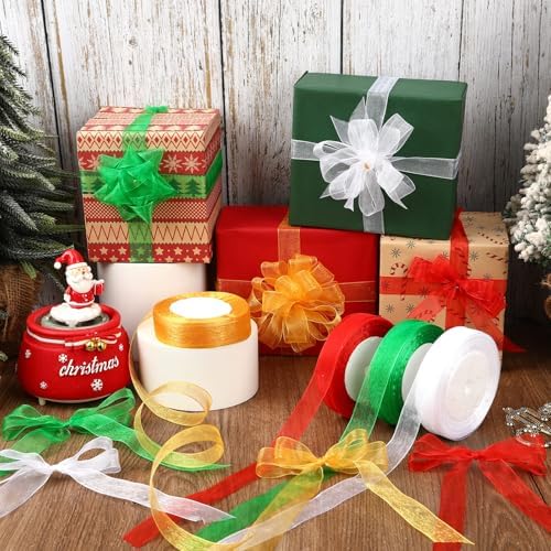 DECYOOL 4Rolls Christmas Ribbon for Holiday Gift Wrapping Organza Chiffon