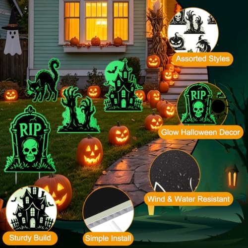 8pcs Glow Halloween Yard Signs with Stakes, Outdoor Halloween Decor
